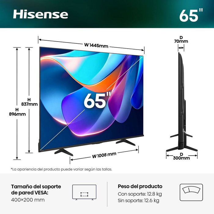 Hisense 65A6S Serie A6 - Smart TV 65 Pulgadas (164 cm) UHD 4K, AI Upscaler, Dolby Vision, Modo Gaming VRR/ALLM, HomeOS, HDMI 2.1, Negro Hisense 65A6S Serie A6 - Smart TV 65 Pulgadas (164 cm) UHD 4K, AI Upscaler, Dolby Vision, Modo Gaming VRR/ALLM, HomeOS, HDMI 2.1, Negro