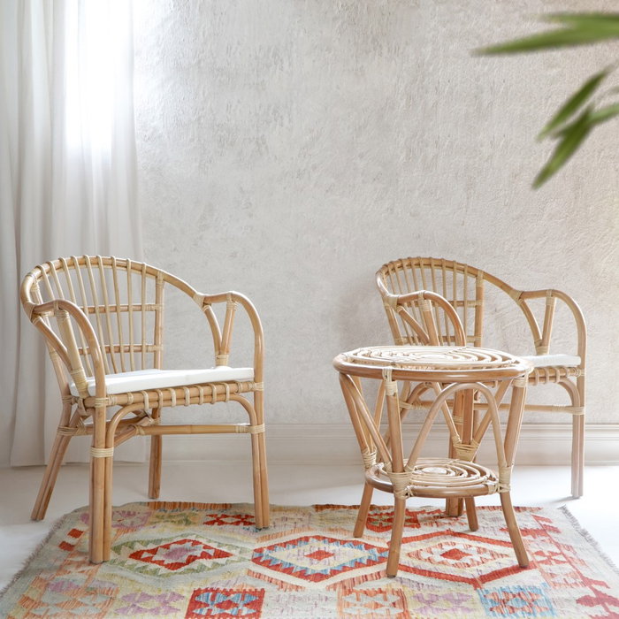 DKD Home Decor Set de Mesa y 2 Sillones con Cojín de Ratán DKD Home Decor Set de Mesa y 2 Sillones con Cojín de Ratán