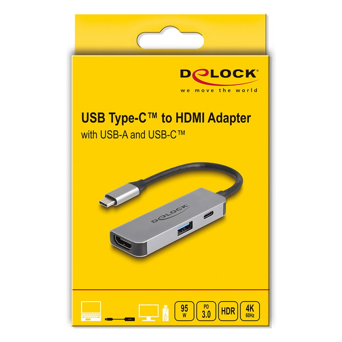 DeLOCK Adaptador USB Type-C a HDMI 4K 60 Hz 61063 con Puerto USB-A, USB-C PD 95W, Aluminio, HDR, Plug & Play