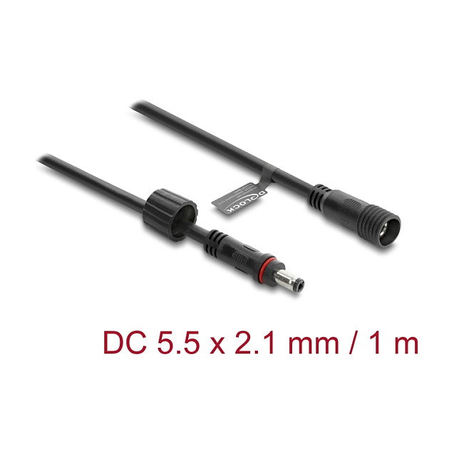 DeLOCK Cable de extensión DC 5,5 x 2,1 mm macho a hembra con tapa roscada M12 x 1,75 mm impermeable 18 AWG, 1 m, negro DeLOCK Cable de extensión DC 5,5 x 2,1 mm macho a hembra con tapa roscada M12 x 1,75 mm impermeable 18 AWG, 1 m, negro