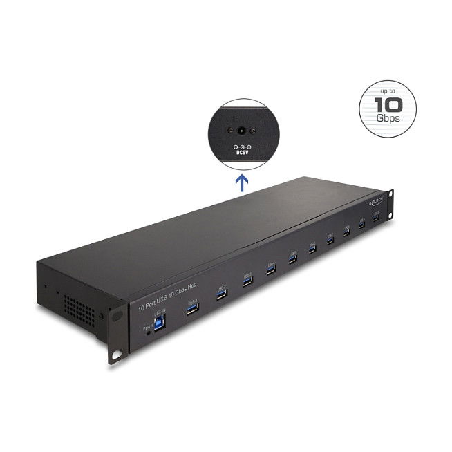 Delock Hub Industrial de 19" con 10 Puertos USB 3.2 Gen 2 Tipo-A, 10 Gbps, USB-B de Entrada, Plug & Play, Negro - 100-240V AC Delock Hub Industrial de 19" con 10 Puertos USB 3.2 Gen 2 Tipo-A, 10 Gbps, USB-B de Entrada, Plug & Play, Negro - 100-240V AC