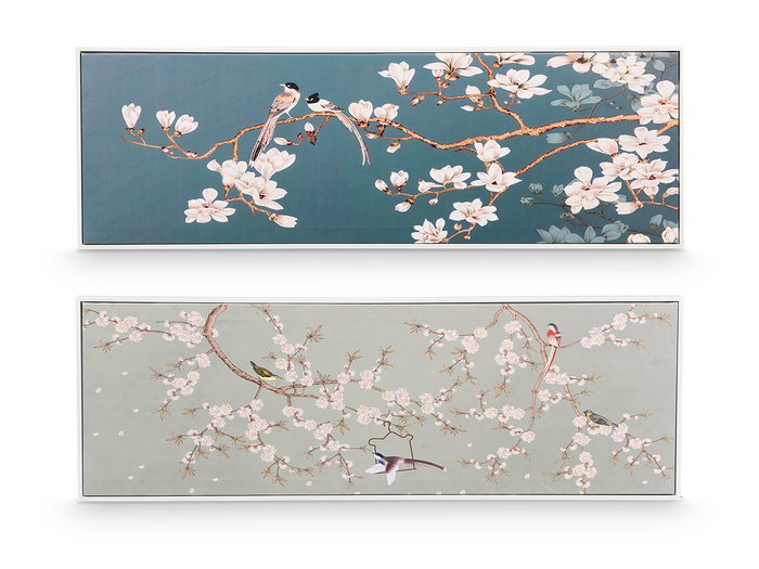 Giftdecor Cuadro Lienzo Marco Blanco Rama Almendro Surtidos 90x30x3 cm (Set de 2)