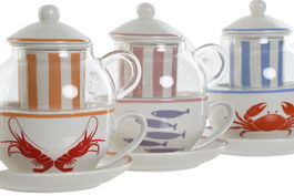 DKD Home Decor Tetera Mediterraneo Aiguablava Multicolor Cristal Porcelana Set de 3 Piezas 13.5 x 14 x 16.5 cm