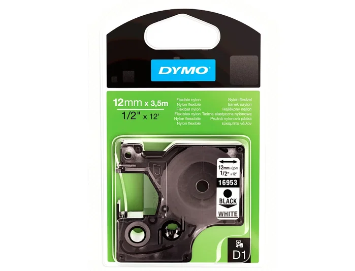 Dymo Cinta D1 de Nylon Flexible 12mm x 3,5m Negro sobre Blanco