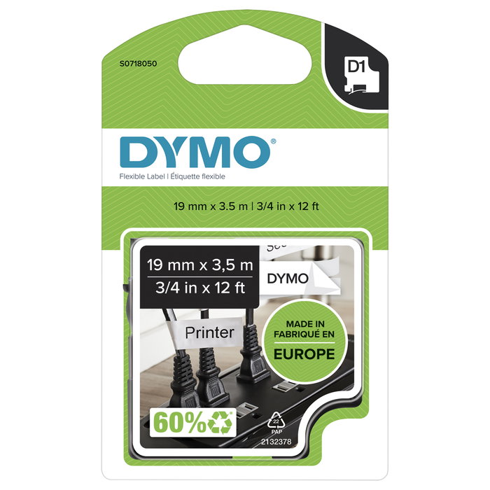 Dymo Cinta D1 Nylon 12mm x 3,5m Negro sobre Blanco