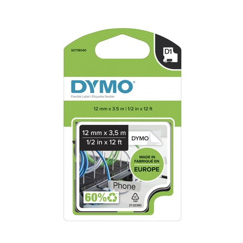 Dymo Cinta D1 de Nylon Flexible 12mm x 3,5m Negro sobre Blanco
