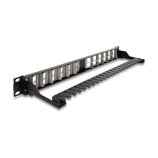 DeLOCK Panel de Conexión Keystone 19 Pulgadas, 24 Puertos, En Ángulo con Entrada de Tensión, Montaje Rack 1U, Color Negro, Metal y Plástico - 125.5 x 482.6 x 44.2 mm