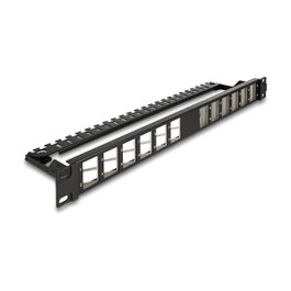 DeLOCK Panel de Conexión Keystone 19 Pulgadas, 24 Puertos, En Ángulo con Entrada de Tensión, Montaje Rack 1U, Color Negro, Metal y Plástico - 125.5 x 482.6 x 44.2 mm