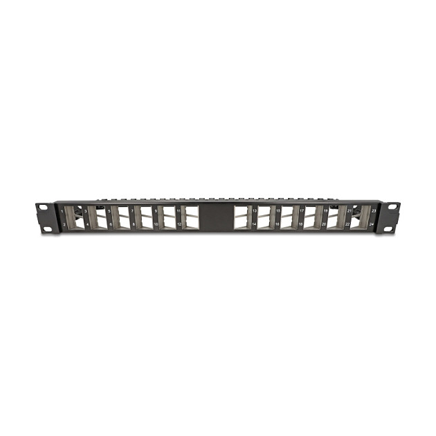 DeLOCK Panel de Conexión Keystone 19 Pulgadas, 24 Puertos, En Ángulo con Entrada de Tensión, Montaje Rack 1U, Color Negro, Metal y Plástico - 125.5 x 482.6 x 44.2 mm