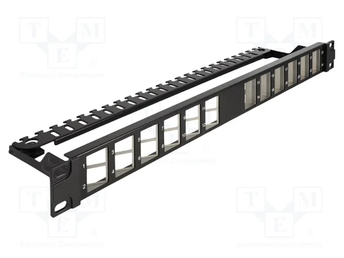 DeLOCK Panel de conexión Keystone 24 puertos en ángulo con alivio de tensión, 1U, Negro DeLOCK Panel de conexión Keystone 24 puertos en ángulo con alivio de tensión, 1U, Negro