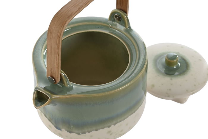 DKD Home Decor Jade 24 Tetera Porcelana y Bambú Verde Blanco 1L 14 x 18.5 x 16.5 cm