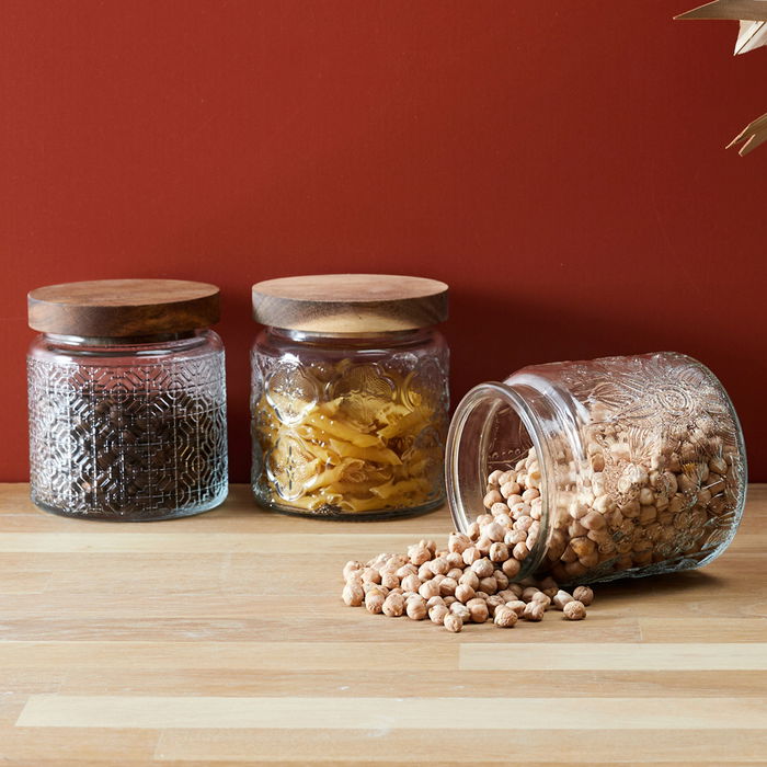 Home Deco Factory Bote Relieve Vidrio Tapa Acacia 500 Ml