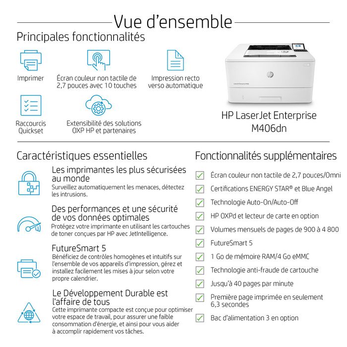 HP LaserJet Enterprise M406dn Impresora Laser, 40 ppm, 1200x1200 dpi, USB, Impresion Doble Cara, Energia Eficiente