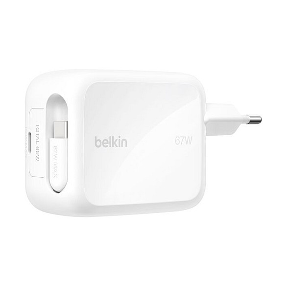 Belkin Boost Charge Pro 67W Dual GaN con Cable Retráctil USB-C Blanco