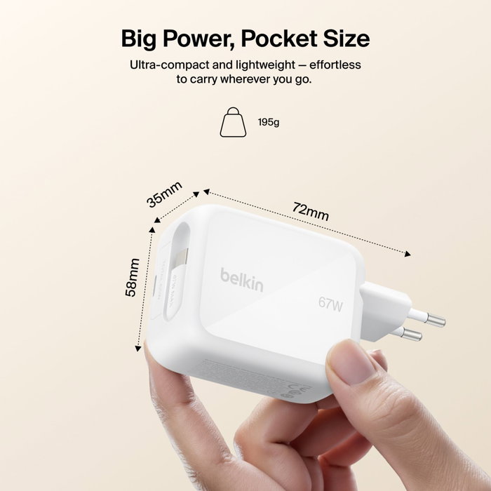 Belkin Boost Charge Pro 67W Dual GaN con cable retráctil Blanco WCH022KQWH