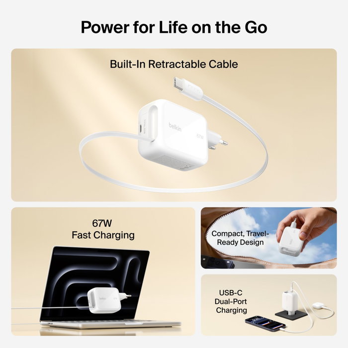 Belkin Boost Charge Pro 67W Dual GaN con cable retráctil Blanco WCH022KQWH