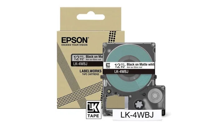 Epson LabelWorks LK-4WBJ Rollo de Cinta para Etiquetas, Negro sobre Blanco Mate, 1.2 cm x 8 m, Transferencia Térmica, Compatible con LW-C410