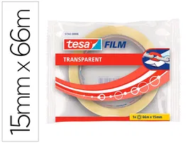Tesa Cinta Adhesiva Practic 66 m x 15 mm - 66m Largo x 15mm Ancho, Transparente, para Embalaje, Acabado Limpio y Fácil de Cortar