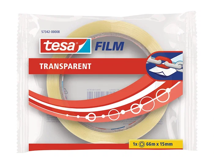 Tesa Cinta Adhesiva Practic 66 m x 15 mm - 66m Largo x 15mm Ancho, Transparente, para Embalaje, Acabado Limpio y Fácil de Cortar