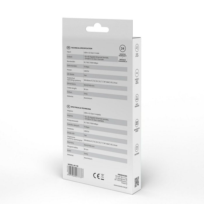 Hub USB 4 Puertos Savio AK-58 Ethernet (RJ-45) Gris