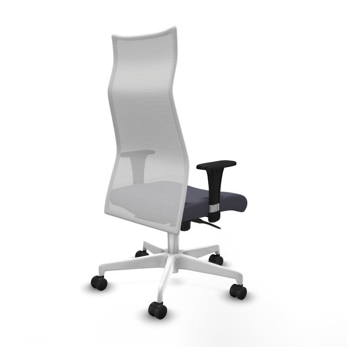 Sillón Albacete con mecanismo Sincro tapizada con Tela color Gris oscuro y malla color Blanco. Equipado con Base poliamida blanca, Brazos 1D y Ruedas 65mm nailon
