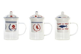 DKD Home Decor Blue red bird Taza para Infusiones de Porcelana y Cristal, 300ml, 8 x 14.5 x 12 cm (6 Unidades)