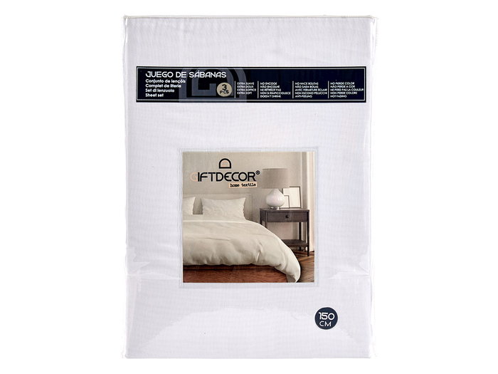 Giftdecor Set 3 Sabanas 150 cm Color Blanco, Encimera: 220 x 245 cm, Almohada: 45 x 170 cm, Bajera: 150 x 200 cm (Set de 12)