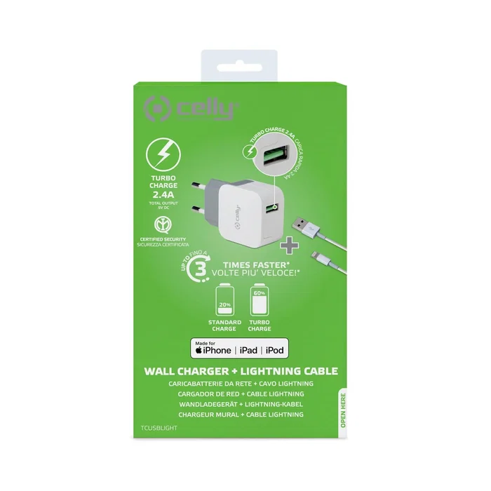 Celly TCUSBLIGHT Cargador de Pared USB Blanco Universal 5V 2.4A para Smartphones - con Cable USB to Lightning