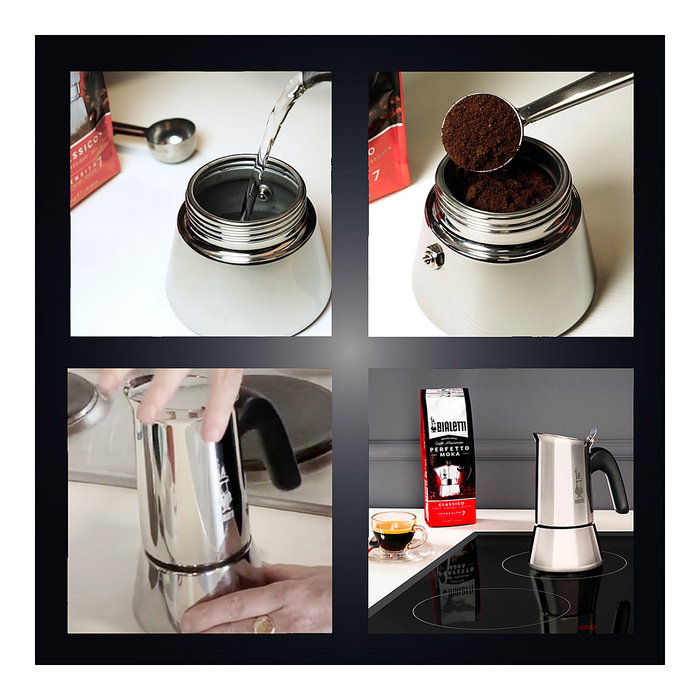 Bialetti Venus Box Cafetera Italiana NEW VENUS 4TZ Induction, 4 Tazas (0.2 L) Acero Inoxidable Plata, Para Cocinas de Inducción