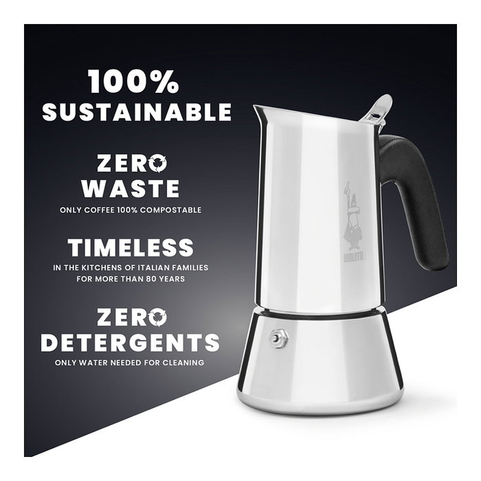Bialetti Venus Box Cafetera Italiana NEW VENUS 4TZ Induction, 4 Tazas (0.2 L) Acero Inoxidable Plata, Para Cocinas de Inducción