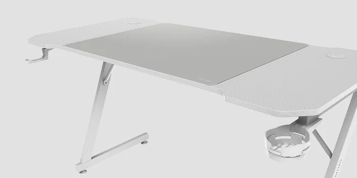 Mars Gaming MGD-X140W Mesa Gaming Blanco 140x60 cm con Alfombrilla XXL Incluida, Soporte para Auriculares y Bebidas, Gestión de Cables