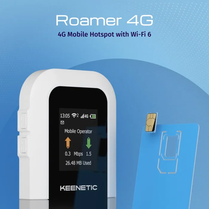 Keenetic Roamer 4G (KN-5110) Módem Router Móvil Portátil 4G LTE Desbloqueado con Wi-Fi 6, Batería 3000 mAh, Pantalla LCD 1.77", USB-C, Banda Única 2.4 GHz - Negro/Gris