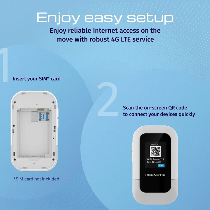 Keenetic Roamer 4G (KN-5110) Módem Router Móvil Portátil 4G LTE Desbloqueado con Wi-Fi 6, Batería 3000 mAh, Pantalla LCD 1.77", USB-C, Banda Única 2.4 GHz - Negro/Gris