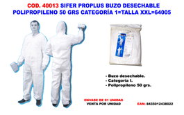 SIFER Traje de Buzo Desechable Polipropileno 50g Categoría 1 Talla XXL