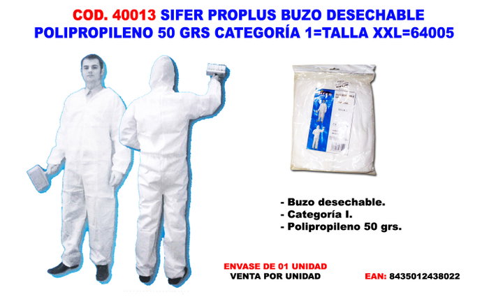 SIFER Traje de Buzo Desechable Polipropileno 50g Categoría 1 Talla XXL SIFER Traje de Buzo Desechable Polipropileno 50g Categoría 1 Talla XXL