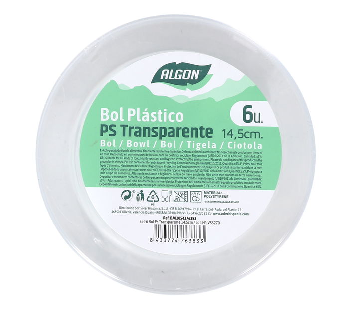 Algon Set 6 Bol Plástico Transparente 14.5 cm (24 Unidades)