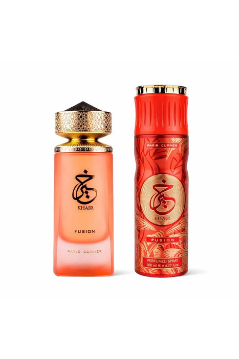 Set Paris Corner: Khair Fusion, Eau De Parfum, Unisex, 100 ml + Khair Fusion, Deodorant Spray, For Women, 200 ml Set Paris Corner: Khair Fusion, Eau De Parfum, Unisex, 100 ml + Khair Fusion, Deodorant Spray, For Women, 200 ml