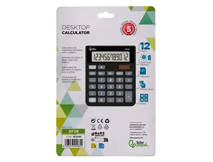 Liderpapel Calculadora Sobremesa XF26 12 Dígitos Solar y Pilas Color Negro 127x105x24 mm