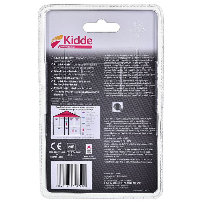 Kidde Detector de humo óptico 10Y29 con batería de 10 años
