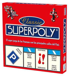 Falomir Superpoly Classic Juego de Mesa Monopoly en Español con Tablero, Dados, Fichas Hotel, Billetes, Peones, Fichas Casa y Tarjetas para 2 Jugadores