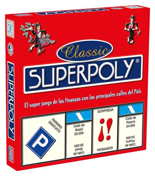 Falomir Superpoly Classic Juego de Mesa Monopoly en Español con Tablero, Dados, Fichas Hotel, Billetes, Peones, Fichas Casa y Tarjetas para 2 Jugadores