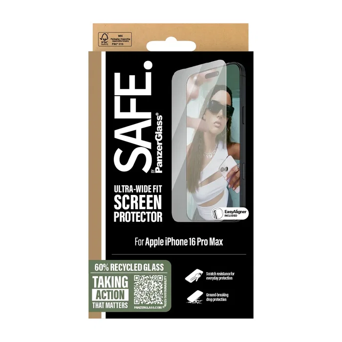 PanzerGlass SAFE. Protector de Pantalla Vidrio Templado Ultra-Wide Fit para iPhone 16 Pro Max - 1 Unidad, Aplicación en Seco, Resistente a Golpes