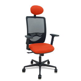 Silla de oficina Zulema con mecanismo Sincro tapizada con Tela color Naranja oscuro y malla color Negro. Equipada con lumbar 1D, Brazos 2D, Cabecero Fijo y Ruedas 65mm nailon