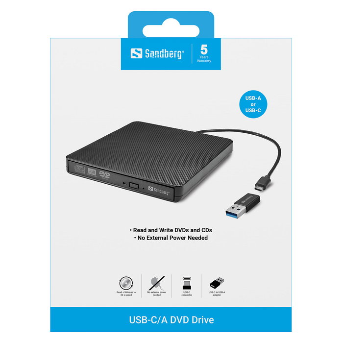 Sandberg Lector DVD USB-C y USB-A Portátil, Unidad Óptica Super Multi DL Externa para Laptop y PC con Windows y MacOS - Negro