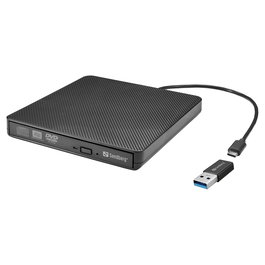 Sandberg Lector DVD USB-C y USB-A Portátil, Unidad Óptica Super Multi DL Externa para Laptop y PC con Windows y MacOS - Negro