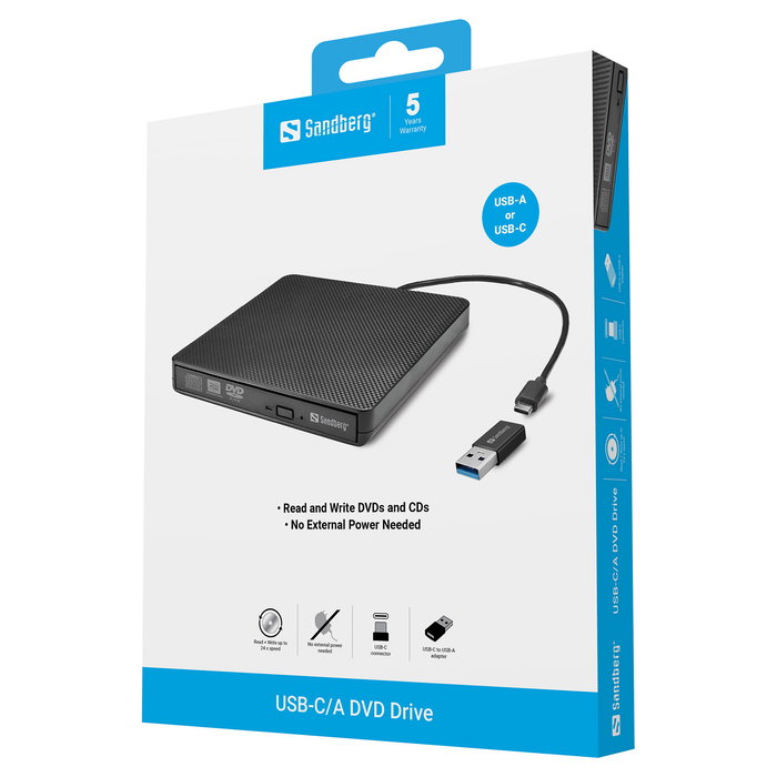 Sandberg Lector DVD USB-C y USB-A Portátil, Unidad Óptica Super Multi DL Externa para Laptop y PC con Windows y MacOS - Negro