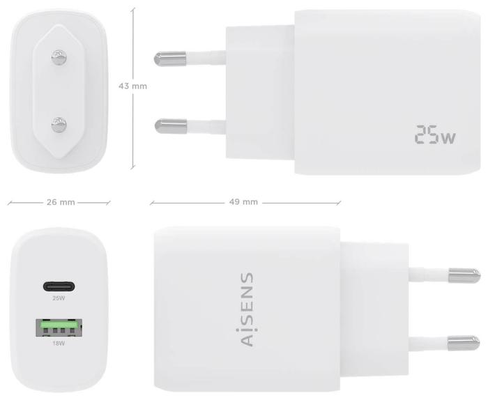Aisens Cargador 25W con USB-C PD3.0 y USB-A QC3.0 Blanco