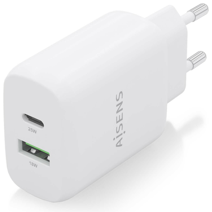 Aisens Cargador 25W con USB-C PD3.0 y USB-A QC3.0 Blanco