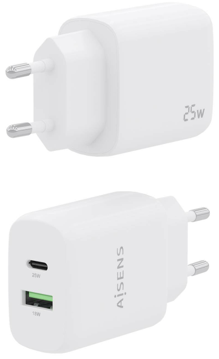 Aisens Cargador 25W con USB-C PD3.0 y USB-A QC3.0 Blanco
