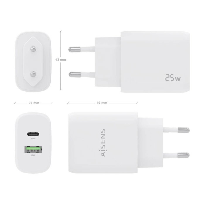 Aisens Cargador 25W con USB-C PD3.0 y USB-A QC3.0 Blanco
